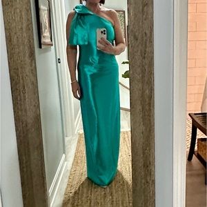 NWT Satin Mermaid Long Prom Dresses for Women One Shoulder Bow - Turquoise